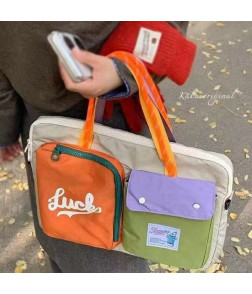Laptop Bag, Korean Color-Block & Patchwork Canvas - Tote for Commute, Casual & Tablet