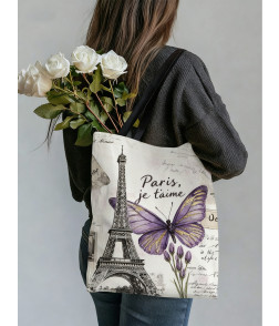 Tote Bag, Paris Eiffel Tower Minimalist Design - Large Capacity Student Shoulder Bag for Tutoring & School